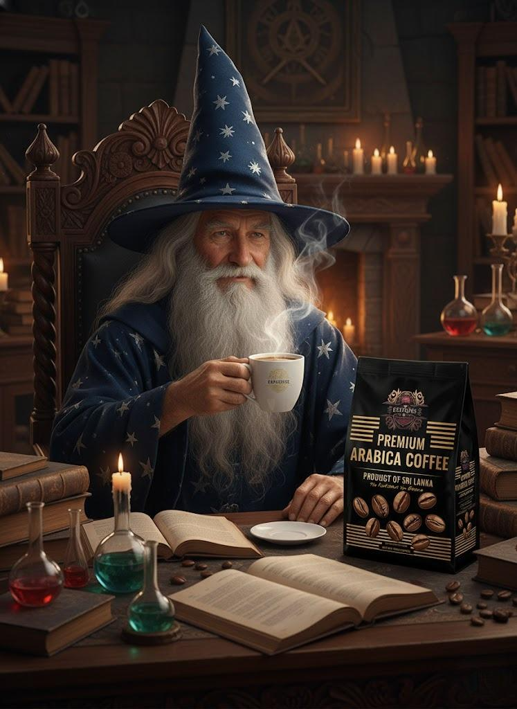 Roast master in a candlelit study holding an Epitome cup beside the Ceylon Arabica bag
