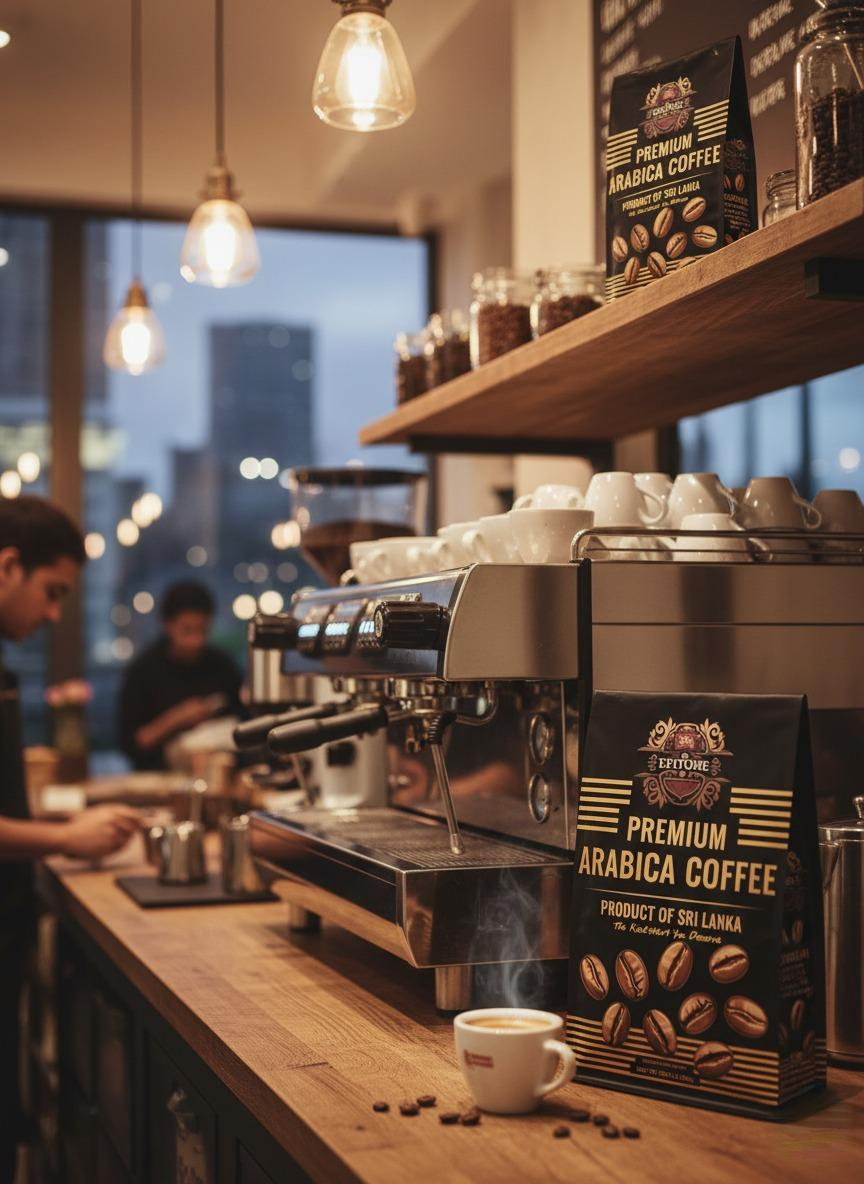 Epitome Ceylon specialty coffee bags on a café espresso bar at dusk