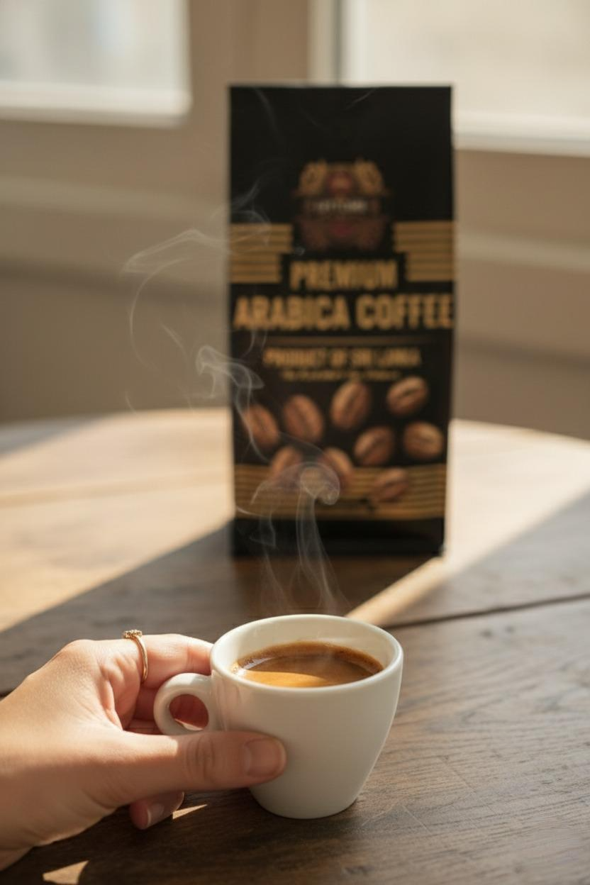Hand holding a steaming espresso with an Epitome Sri Lankan Arabica bag beyond