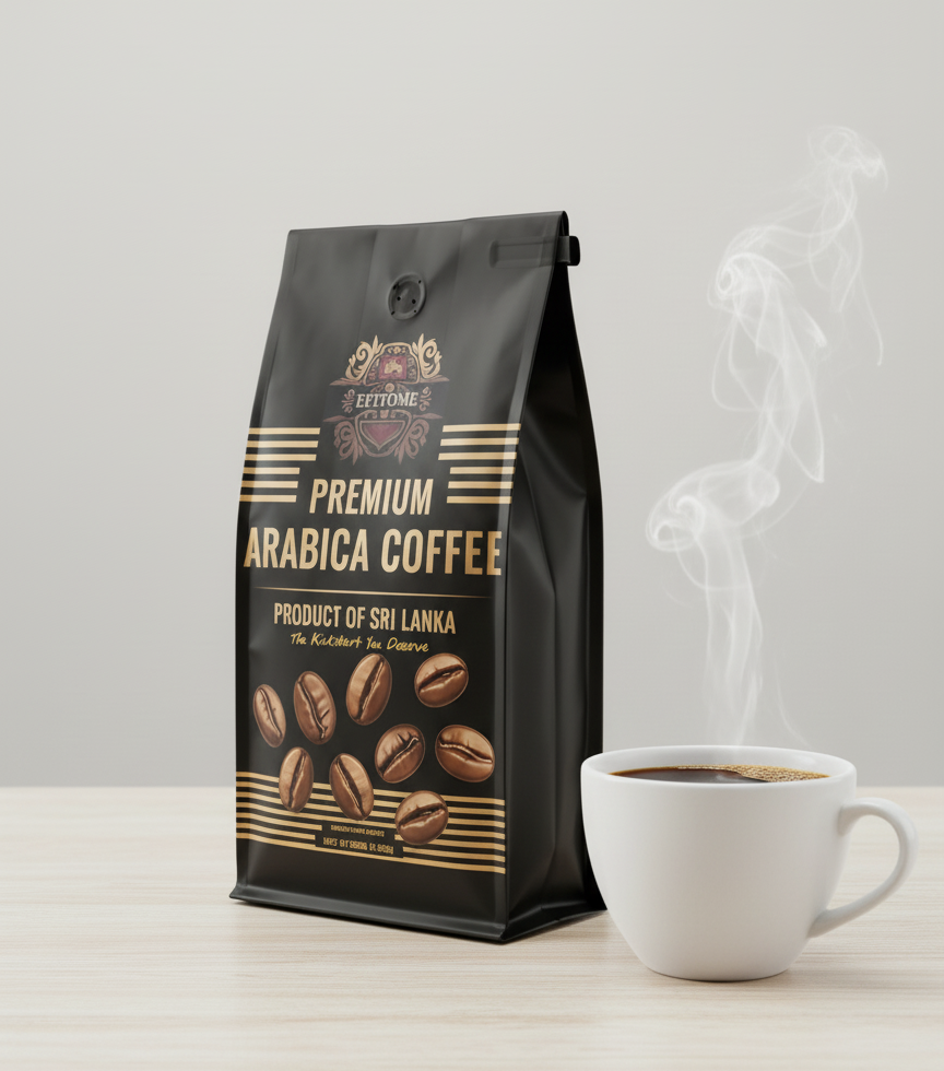Epitome whole bean Ceylon Arabica bag beside a steaming white cup